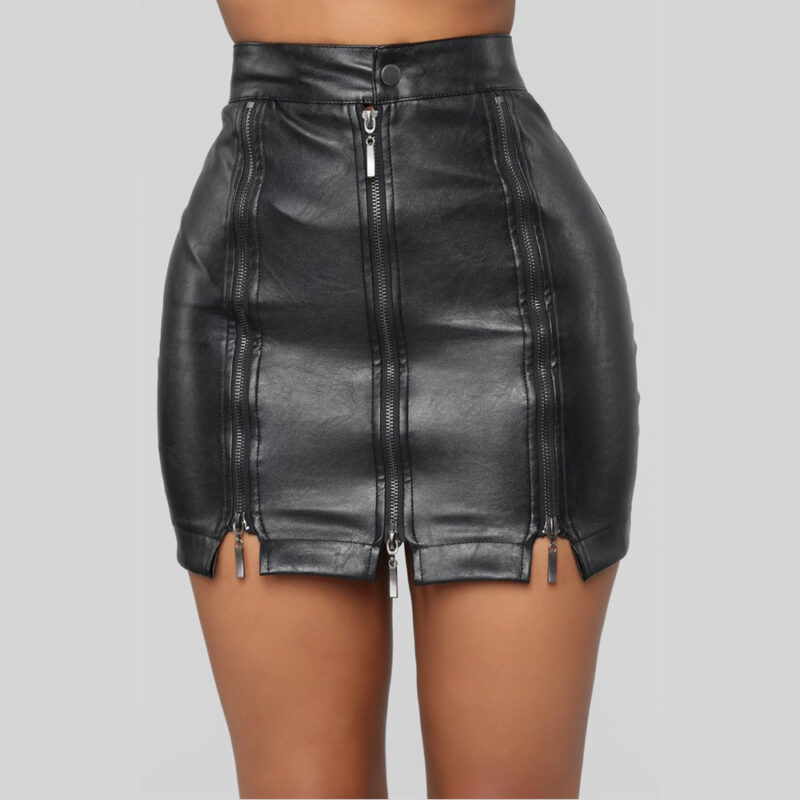 Zipper Stitching Leather Skirt Black
